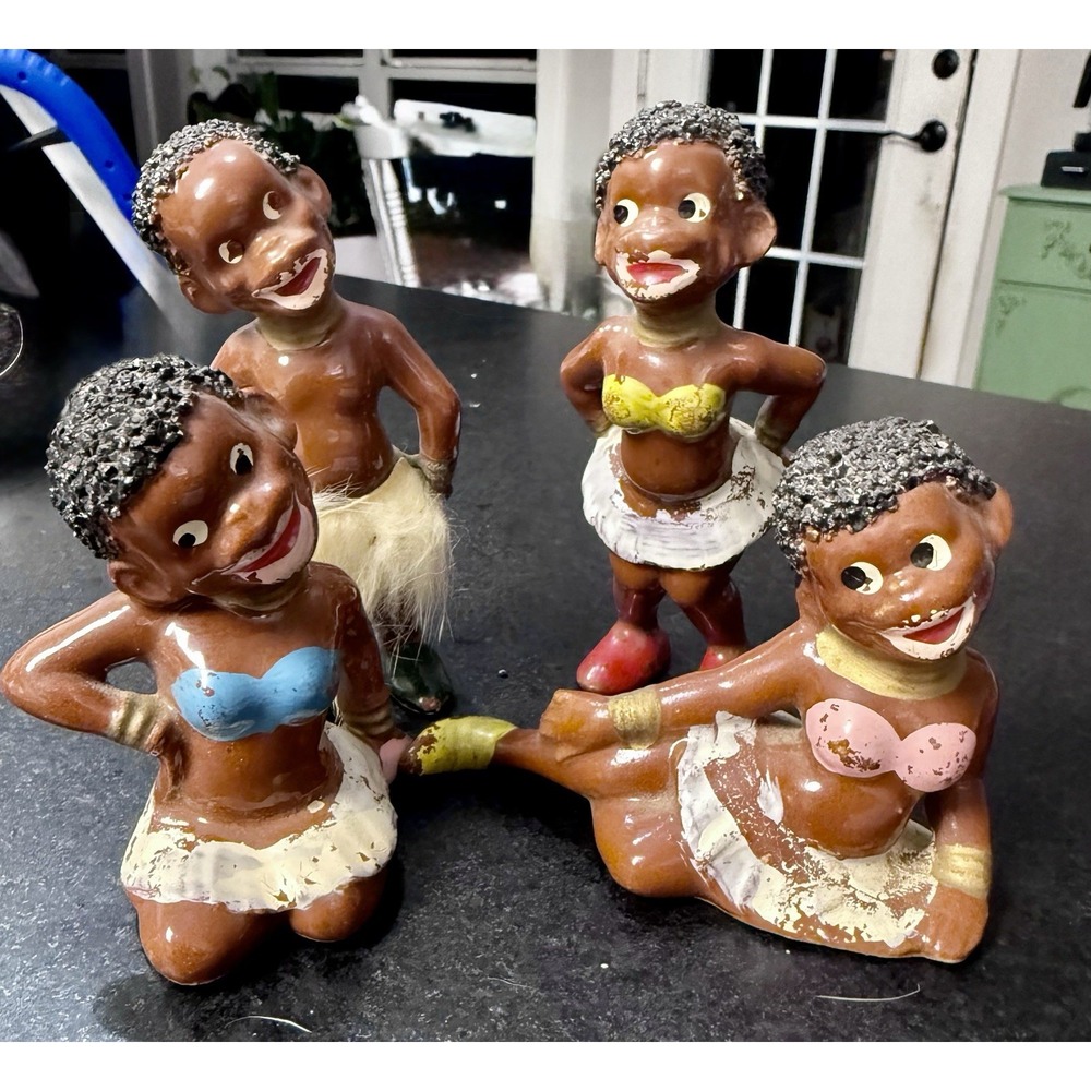 Vtg Gilner Pottery Cannibal Hula Dancer Figurines (4)Mid Century Tiki Chalkware